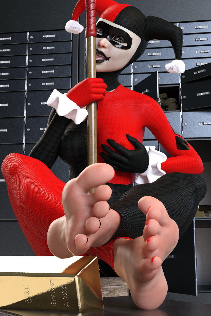 1girls 3d 3d_(artwork) barefoot batman_(series) black_lipstick black_nails black_toenails blue_eyes clothed clothing daz3d daz_studio dc dc_comics errbee feet female female_only foot_fetish foot_focus gloves grabbing_breasts harley_quinn harley_quinn_(classic) highres licking looking_at_viewer mask open_mouth red_nails red_toenails sitting smile soles teeth tongue tongue_out