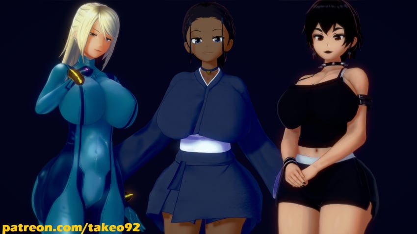 3d 3d_(artwork) 3girls ass_grab avatar_the_last_airbender big_breasts black_hair blonde_hair blue_eyes bodysuit brown_hair cleavage clothing crossover dark-skinned_female dark_makeup dark_skin eastern_and_western_character female_only goth gothic half-closed_eyes hands_on_ass huge_breasts japanese_clothes katara koikatsu large_ass large_breasts looking_at_viewer metroid naomi_(takeo92) nickelodeon nintendo patreon ponytail revealing_clothes samus_aran short_hair shorts simple_background takeo92 text thick_thighs tight_clothing top water_tribe wide_hips zero_suit zero_suit_samus