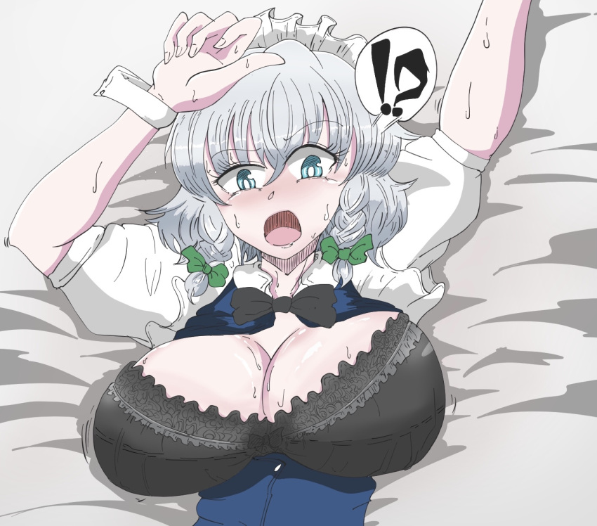 !? 1girls 2d big_breasts blue_eyes bra maid maid_headdress maid_uniform mt_(artist) open_clothes open_mouth sakuya_izayoi silver_hair solo touhou white_hair