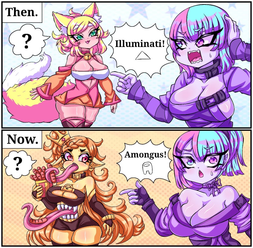 2021 2koma 3girls :3 :o ? amogus animal_ear_fluff animal_ears annoyed ass bare_shoulders before_and_after bell bell_collar big_ass blonde_hair blue_eyes blue_hair blush body_horror bow bracelet breasts brown_clothing cameltoe center_opening choker cleavage cleavage_cutout clothed clothing collar comic confused curly_hair dialogue dress earrings eating elbow_gloves english_text eyebrows_visible_through_hair eyes_visible_through_hair fangs female female_only fingerless_gloves fioxa_wolfia fluffy fluffy_tail food fox_ears fox_girl fox_tail funny fur green_eyes hand_on_head heart_earrings heterochromia highres holding_object humor illuminati izfan_art jewelry jingle_bell kimono large_breasts lock long_hair long_sleeves long_tail long_tongue looking_at_another meme mimic mimicu_licky monster_girl multicolored_hair multiple_girls orange_hair original padlock pink_eyes pink_hair pointing pointy_ears ponytail purple_clothing purple_gloves red_eyes screaming sharp_teeth short_dress short_hair short_ponytail short_shorts shorts side_ponytail specific_tagging speech_bubble standing stomach_mouth strap_slip surprised sweat tag_panic tail teeth text thick_thighs thighhighs thighs tied_hair tight_clothing tongue tongue_out triangle tubetop two_tone_hair vampire very_long_hair very_long_tongue viliana_roseheart white_border yellow_skin zettai_ryouiki