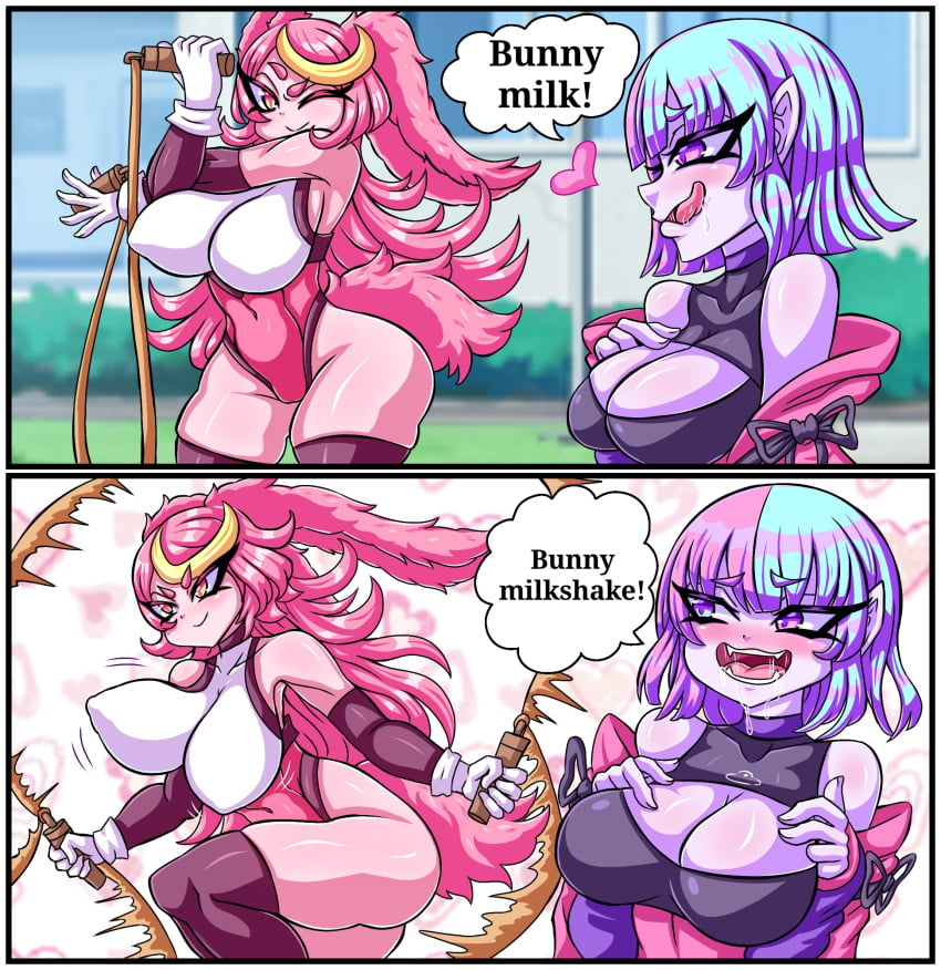 2021 2girls 2koma animal_ears armpits arna_barnaby bare_shoulders blue_eyes blue_hair bouncing_breasts breast_suppress breasts bunny_ears bunny_girl bunny_tail cleavage_cutout clothed clothing comic covered_navel dialogue drooling elbow_gloves english_text eyebrows_visible_through_hair eyes_visible_through_hair female female_only fluffy fluffy_hair fluffy_tail fur hand_on_chest heart heart_background heterochromia highlights highres holding_object huge_breasts humor izfan_art jump_rope jumping large_breasts leotard licking licking_lips long_hair looking_at_another monster_girl multicolored_hair multiple_girls one_eye_closed open_clothes open_mouth orange_eyes original outdoors pale_skin pink_eyes pink_hair pink_skin purple_gloves raised_leg saliva saliva_drip saliva_string saliva_trail short_hair skin_tight sleeveless sleeveless_shirt smile speech_bubble standing stretching tail text thick_thighs thighhighs thighs tight_clothing tongue tongue_out two_tone_hair vampire very_long_hair viliana_roseheart white_border white_gloves wide_hips wink yellow_highlights yuri zettai_ryouiki