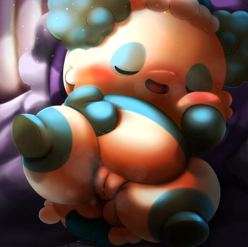 absurd_res andromorph anthro blush bodily_fluids brew_sleeper chibi cocotama cuntboy detailed_background genital_fluids genitals giant_panda hi_res hirake!_cocotama intersex lying male mammal on_back open_mouth overweight pillow_(cocotama) pussy pussy_juice sleeping solo spread_legs spreading ursid