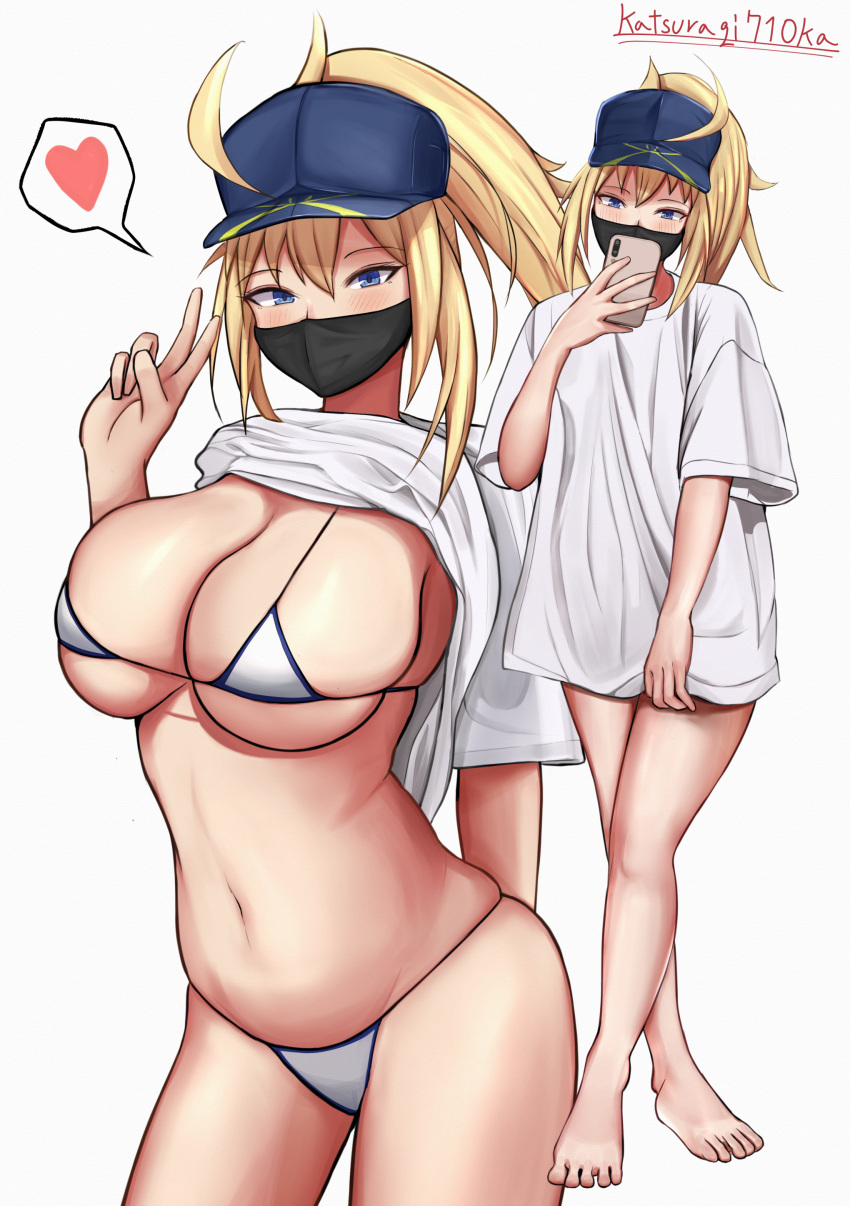 arm_behind_back artoria_pendragon belly bikini bikini_bottom bikini_top black_mask blonde_hair blue_eyes blue_hat breasts face_mask fate/grand_order fate_(series) feet female female_focus female_only hat heart katsuragi710ka long_shirt mask medical_mask mouth_mask multiple_images mysterious_heroine_xx_(foreigner) navel no_shoes peace_sign ponytail selfie shirt_lift simple_background solo solo_female solo_focus stomach t-shirt v_sign white_background white_t-shirt