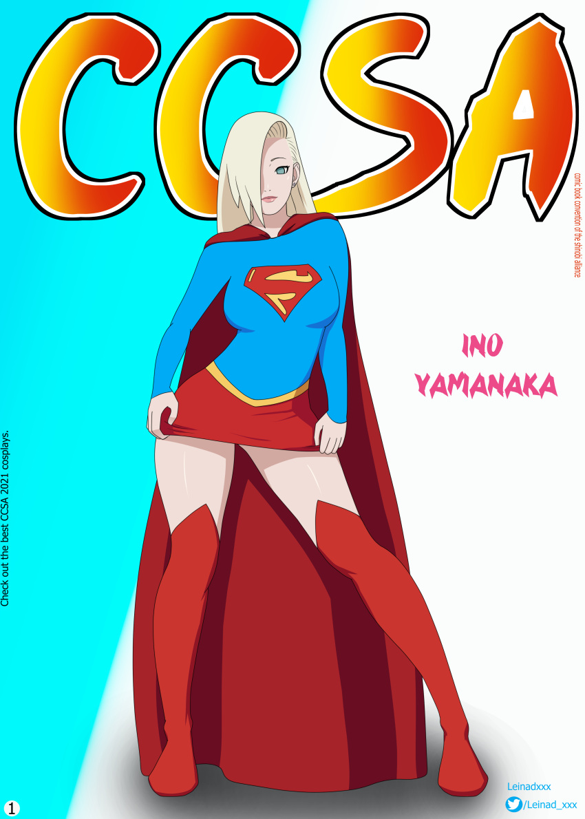 1girls blonde_hair cosplay dc dc_comics female female_only fully_clothed girl ino_yamanaka leinadxxx magazine naruto naruto:_the_last naruto_(series) red_boots solo supergirl supergirl_(cosplay) superheroine