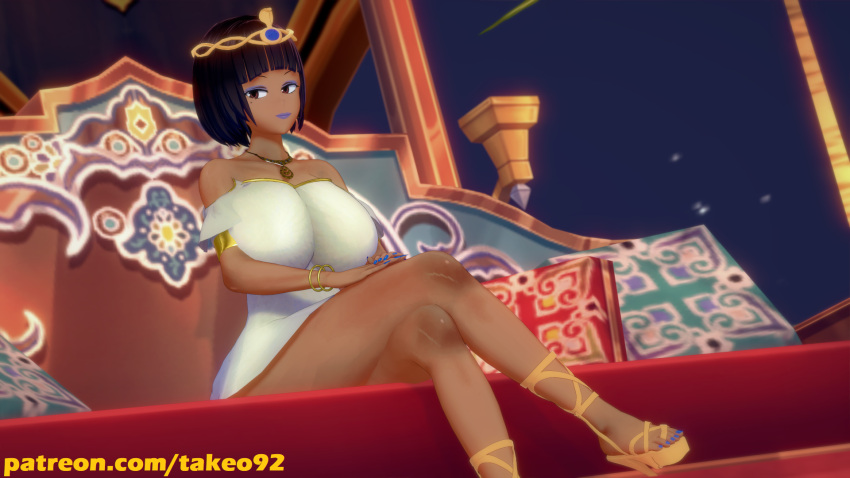 1girls 3d 3d_(artwork) alternate_costume big_breasts black_hair blue_makeup bob_cut brown_eyes curvaceous curvy dark-skinned_female egyptian egyptian_clothes female_only half-closed_eyes huge_breasts jewelry koikatsu large_ass large_breasts legend_of_queen_opala legs_crossed looking_at_viewer patreon pinup queen_opala revealing_clothes short_hair sitting solo takeo92 text thick_thighs wide_hips