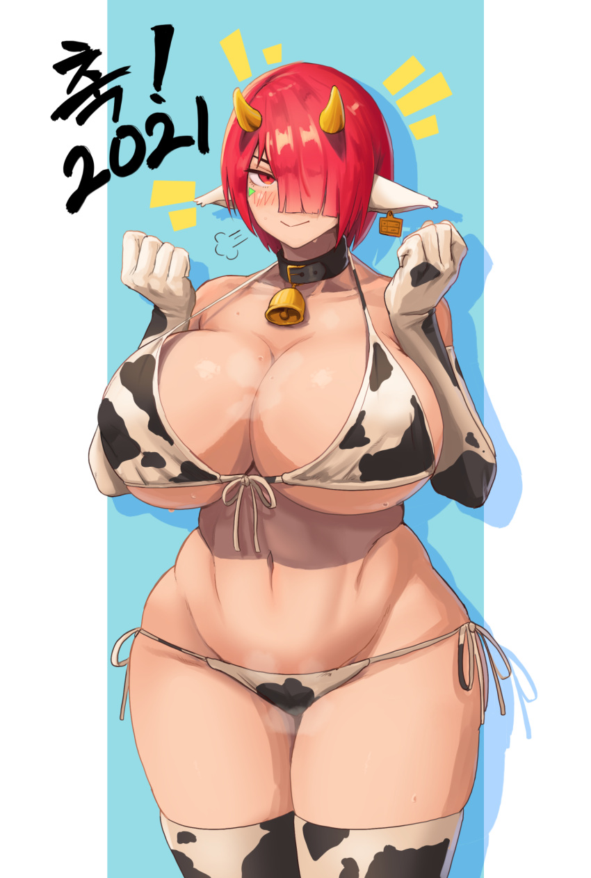 2021 :> absurdres animal_ears animal_print bangs bell bikini blush breasts chinese_zodiac cleavage collar cow_ears cow_print curvy dryseaweed ear_tag elbow_gloves female gloves hair_over_one_eye highres huge_breasts ignis_(last_origin) last_origin looking_at_viewer neck_bell red_eyes red_hair short_hair side-tie_bikini smile solo string_bikini swimsuit thick_thighs thighhighs thighs wide_hips year_of_the_ox