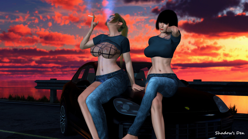 2girls 3d breasts_visible_through_clothing car dead_or_alive model momiji_(ninja_gaiden) multiple_girls ninja_gaiden porsche pose posing rachel_(ninja_gaiden) shadow's_den