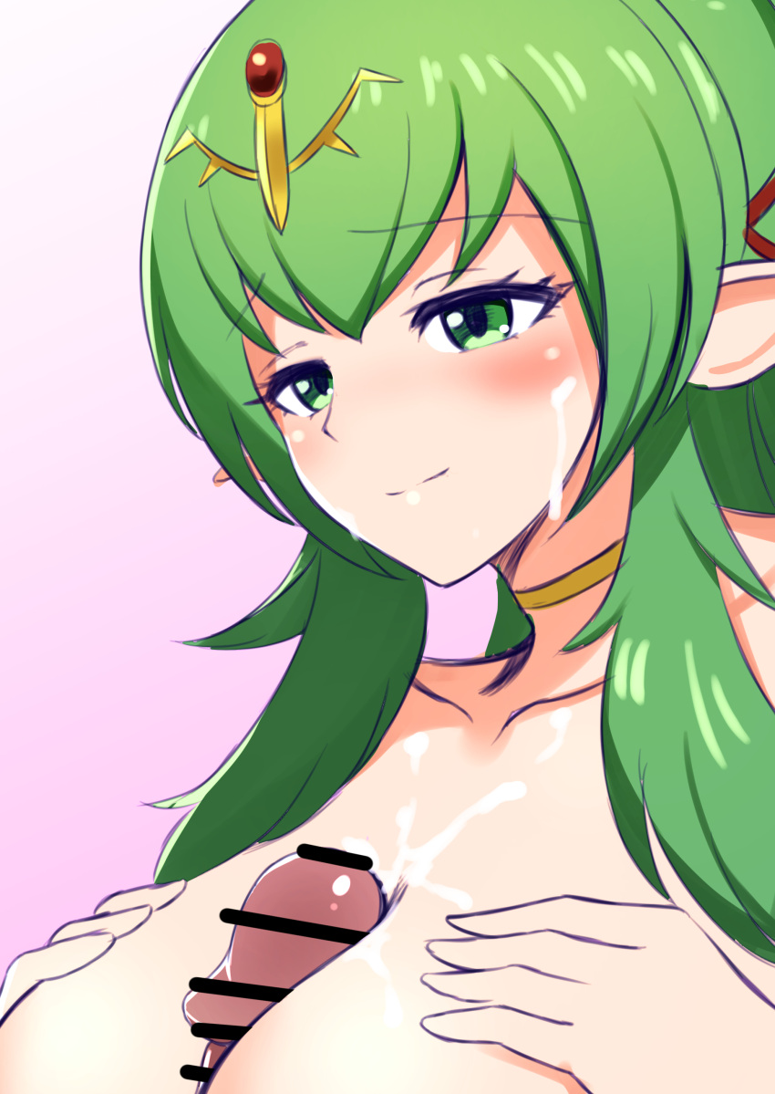 1girls censored cum cum_on_breasts cum_on_face fire_emblem fire_emblem_awakening green_eyes green_hair happy happy_paizuri happy_sex hondaranya large_breasts nintendo out-of-frame_censoring paizuri pointy_ears smile straight tiki_(adult)_(fire_emblem) tiki_(fire_emblem)