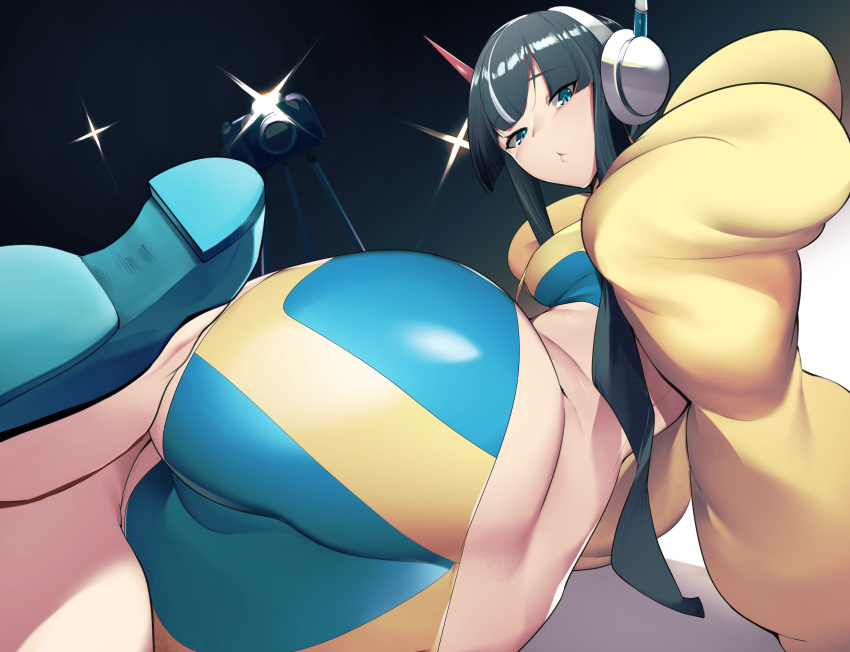 1girls ass black_hair blue_shoes cameltoe camera elesa_(pokemon) elesa_(pokemon_bw2) female high_heels looking_at_viewer no_eyewear pokemon sha_(amfil100) solo tagme