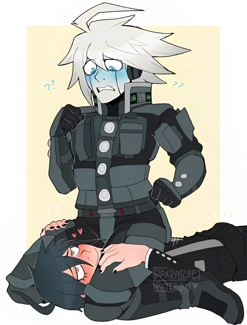 2boys ? android black_nails blue_blush blue_eyes blue_hair blush buldge color confusion danganronpa danganronpa_v3 daxratchet erection erection_under_clothes facesitting fully_clothed gay grabbing_thighs hand_on_thigh hands_on_thighs kiibo painted_nails robot robot_boy saihara_shuuichi semi-erect shuichi_saihara sitting sitting_on_face sitting_on_person thigh_grab thighs white_hair yaoi yellow_eyes