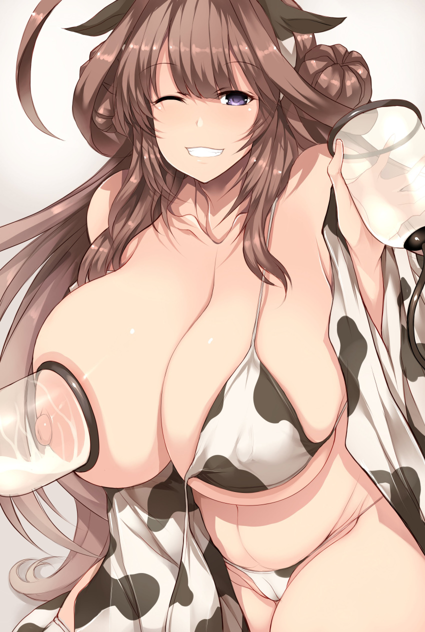 ahoge big_breasts bikini breasts breasts_bigger_than_head brown_hair cow_ears cow_girl cow_print cow_print_bikini kantai_collection kongou_(kantai_collection) lactation long_hair milk milking milking_machine purple_eyes smile tsukasawa_takamatsu tukasawa02 wink