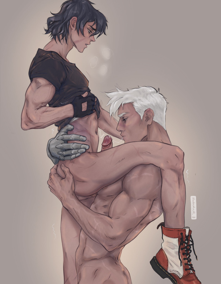 2boys ass black_hair blowjob carrying carrying_partner gay gloves hand_on_a...
