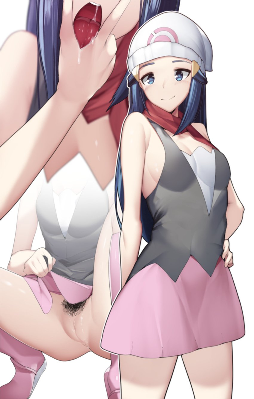 1girls blue_eyes blue_hair boots breasts bush cunnilingus_gesture dawn_(pokemon) female hat long_hair nintendo no_panties open_mouth oral_invitation pale-skinned_female pale_skin pokemon pokemon_dppt presenting_throat pubic_hair pussy saliva saliva_string sexually_suggestive sha_(amfil100) skirt squatting thighs throat tongue tongue_out v white_background