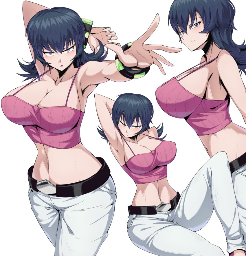 1girls 5_fingers alternate_breast_size armpits bare_shoulders belly belly_button belt big_breasts blue_hair bracelet bracelets breasts cleavage colored crop_top female female_only game_freak gym_leader hips horny huge_breasts human jeans large_breasts looking_at_viewer navel nintendo only_female pokemon pokemon_hgss pose posing purple_eyes sabrina_(pokemon) sabrina_(pokemon_hgss) seductive seductive_eyes seductive_look short_hair sitting solo solo_female standing straps stretching suzusiigasuki tagme thick thick_thighs thighs tubetop voluptuous wide_hips wristband