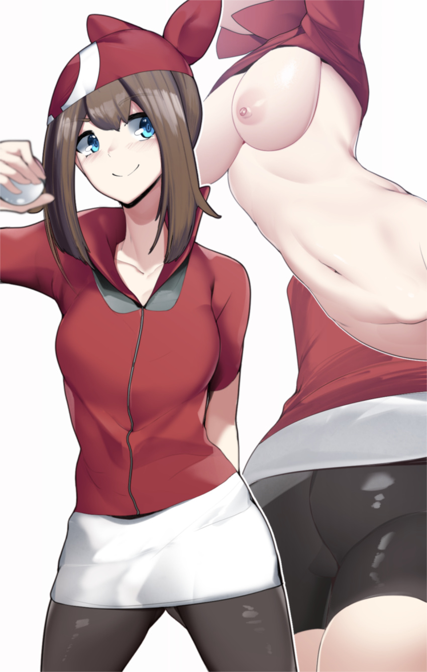 1girls areolae ass big_ass blue_eyes breasts brown_hair female may_(pokemon) medium_hair minishorts nintendo nipples pale-skinned_female pale_skin pokemon pokemon_rse sha_(amfil100) shorts spandex_shorts thick_thighs thighs white_background