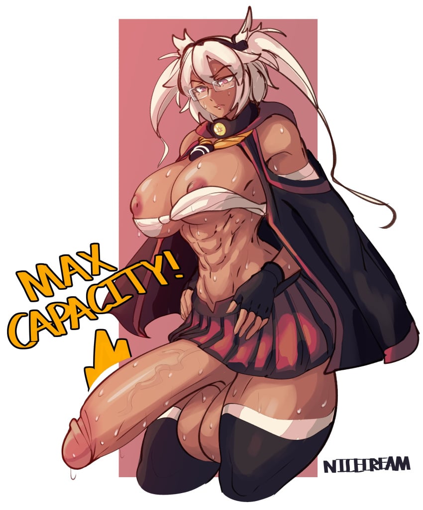 1futa abs areolae balls big_breasts breasts dark-skinned_futanari dark_skin erection futa_only futanari huge_cock kantai_collection large_breasts musashi_(kantai_collection) muscular_futanari nicecream nipples penis solo sweat sweatdrop testicles