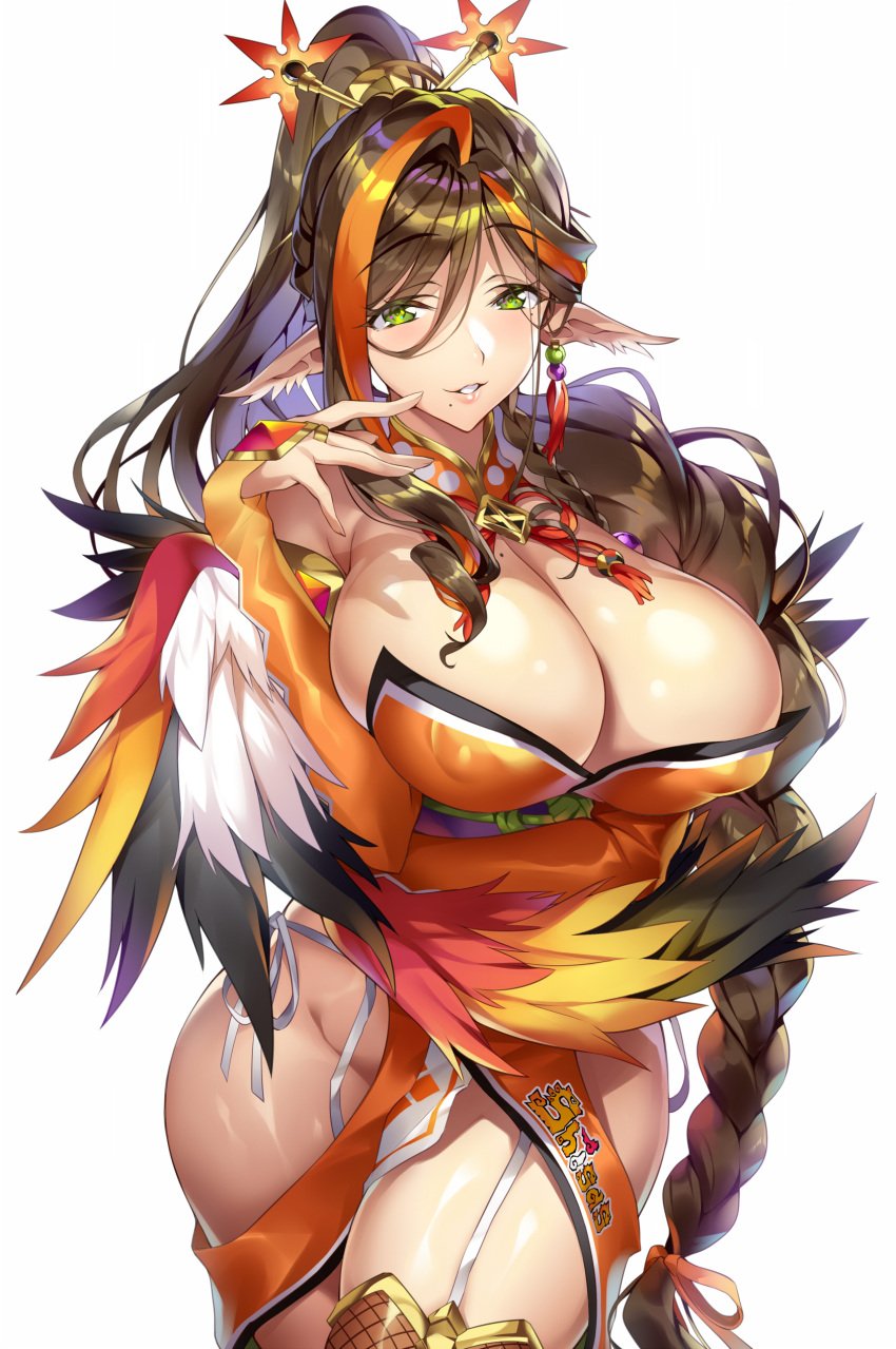 bangs braid breasts bridal_gauntlets brown_hair cleavage curvy death_ball detached_collar earrings elf_ears eyebrows_visible_through_hair feather_trim feathers female gan_(shanimuni) garter_straps green_eyes hair_ornament hair_over_shoulder hand_on_hip highres huge_breasts japanese_clothes jewelry lips long_hair looking_at_viewer mole mole_on_breast mole_under_eye mole_under_mouth multicolored_hair nipple_bulge nipples orange_hair parted_lips pointy_ears shiny shiny_clothes shiny_hair shiny_skin simple_background single_braid smile solo thighhighs thighs two_tone_hair very_long_hair white_background