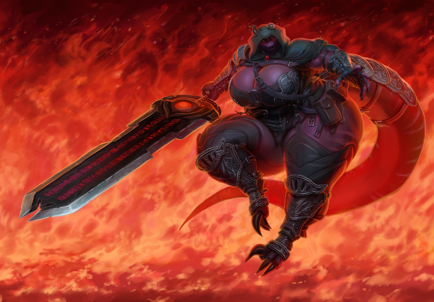 2020 2d_looking_like_3d 3_claws 3_toes 5_claws 5_fingers absurd_res anthro armor armored_dress armwear ass bandolier belt_pouch big_ass big_breasts big_butt bracer bracers breasts broadsword broken_horn cleavage clothed clothing curvaceous curvy_female curvy_figure detailed_background detailed_shading digital_media_(artwork) digital_painting_(artwork) dragon female fire fire_background glowing_eyes headgear highres holding_object holding_sword holding_weapon hood hooded_cloak horn huge_ass huge_breasts huge_butt huge_hips huge_tail huge_thighs hyper_bimbo inscription legwear long_hair melee_weapon obese obese_anthro obese_female overweight overweight_anthro overweight_female patacon purple_body purple_scales red_eyes scalie skarlett_cynder solo stockings sword thick_legs thick_tail thick_thighs under_boob underboob weapon wide_hips wingless_dragon