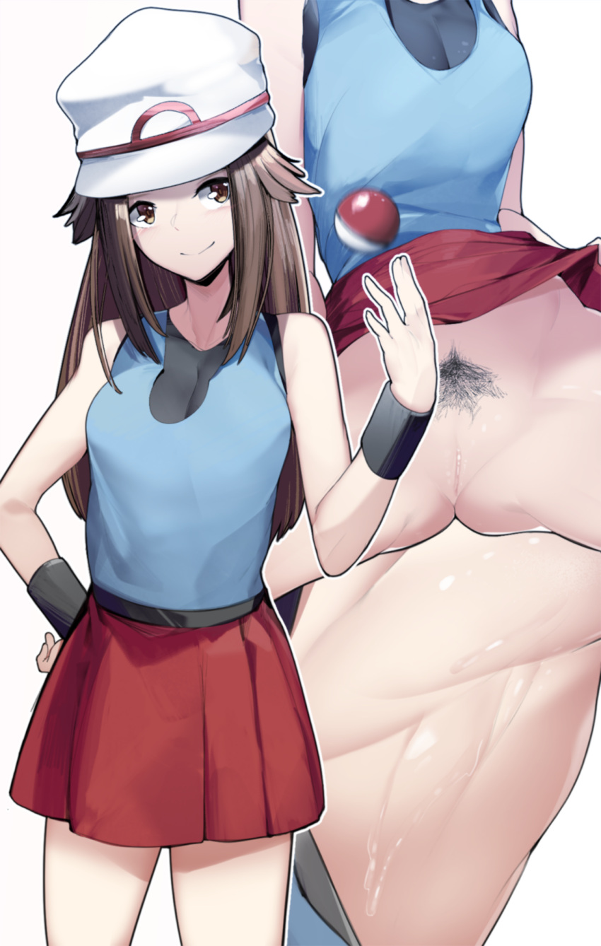 brown_eyes brown_hair bush hat leaf_(pokemon) pokemon pubic_hair pussy sha_(amfil100) skirt_lift smiling sweat tagme