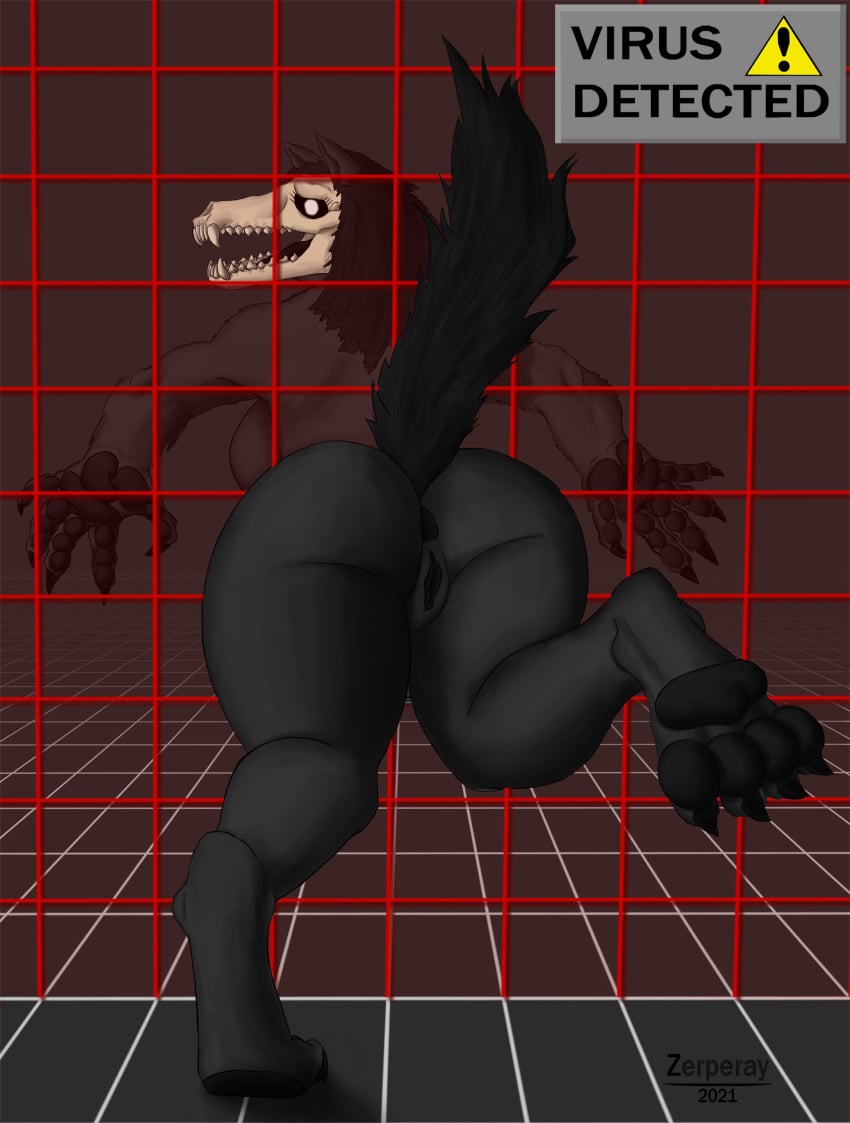 absurd_res anthro anus black_body black_fur bone canid english_text female fur furry furry_only genitals hi_res looking_back mal0 malo mammal monster paws pussy scp-1471 scp_foundation skull solo tail text thick_thighs through_wall wireframe zerperay