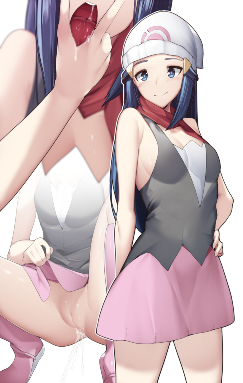 1girls blue_eyes blue_hair boots breasts cunnilingus_gesture dawn_(pokemon) female hat long_hair nintendo no_panties open_mouth oral_invitation pale-skinned_female pale_skin pokemon pokemon_dppt presenting_throat pussy saliva saliva_string sexually_suggestive sha_(amfil100) skirt squatting thighs throat tongue tongue_out v wet white_background