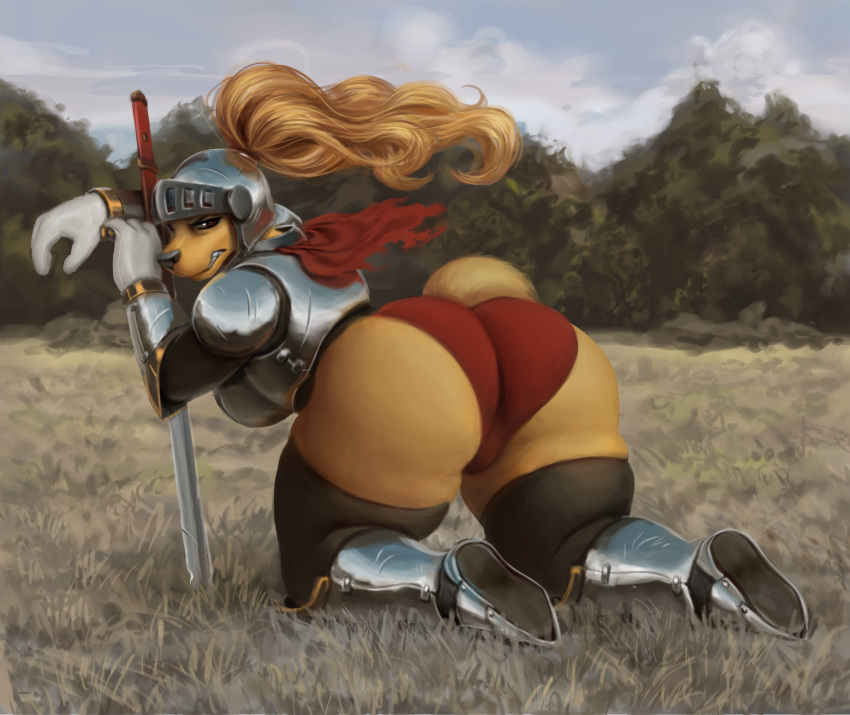 1girls 2020 2d_looking_like_3d amelia_steelheart angry anthro armor armored_dress ass big_ass big_butt bird_dog black_clothing black_nose blonde_hair breasts brown_eyes canid canine canis cape clothed clothing cloud clouds detailed_background domestic_dog fangs female female_knight female_only field footwear gloves golden_retriever handwear headgear helmet hi_res highres holding_object holding_sword holding_weapon huge_ass huge_butt huge_thighs hunting_dog hyper_bimbo knight legwear looking_back mammal medieval_armour outdoors outside patacon plume red_underwear retriever slit_visor solo stockings sword tail tattered_clothing the_simplifypm-verse thick_legs thick_thighs torn_cape warrior weapon white_gloves