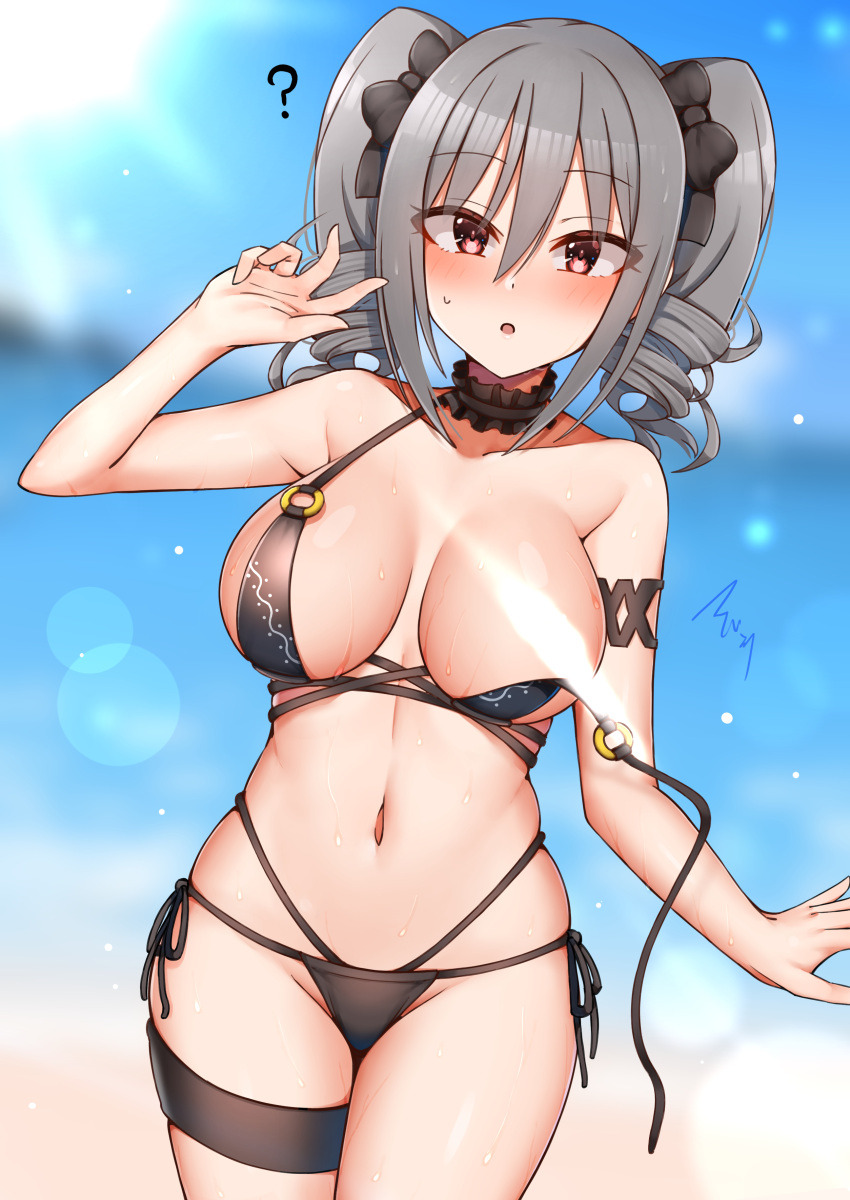 1girls bikini bikini_undone blush bows_in_hair breasts censored gray_hair hair_ribbon idol idolmaster kanzaki_ranko mabanna mabanna7787 navel outdoors question_mark red_eyes side_tie_bikini signature skindentation solo solo_female swimsuit the_idolm@ster_cinderella_girls twin_drills twintails wardrobe_malfunction