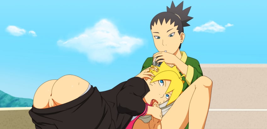 2boys anus artist_request ass ass_up bent_over black_hair blonde_hair blowjob blue_eyes boruto:_naruto_next_generations bottomless clothed_sex clothing drink drinking fellatio gay green_eyes hand_on_head hand_on_penis jacket licking licking_penis long_hair male male/male male_only nara_shikadai naruto naruto_(series) open_mouth oral outside pants pants_down penis penis_grab ponytail shirt short_hair sitting testicles tied_hair tongue tongue_out uzumaki_boruto yaoi