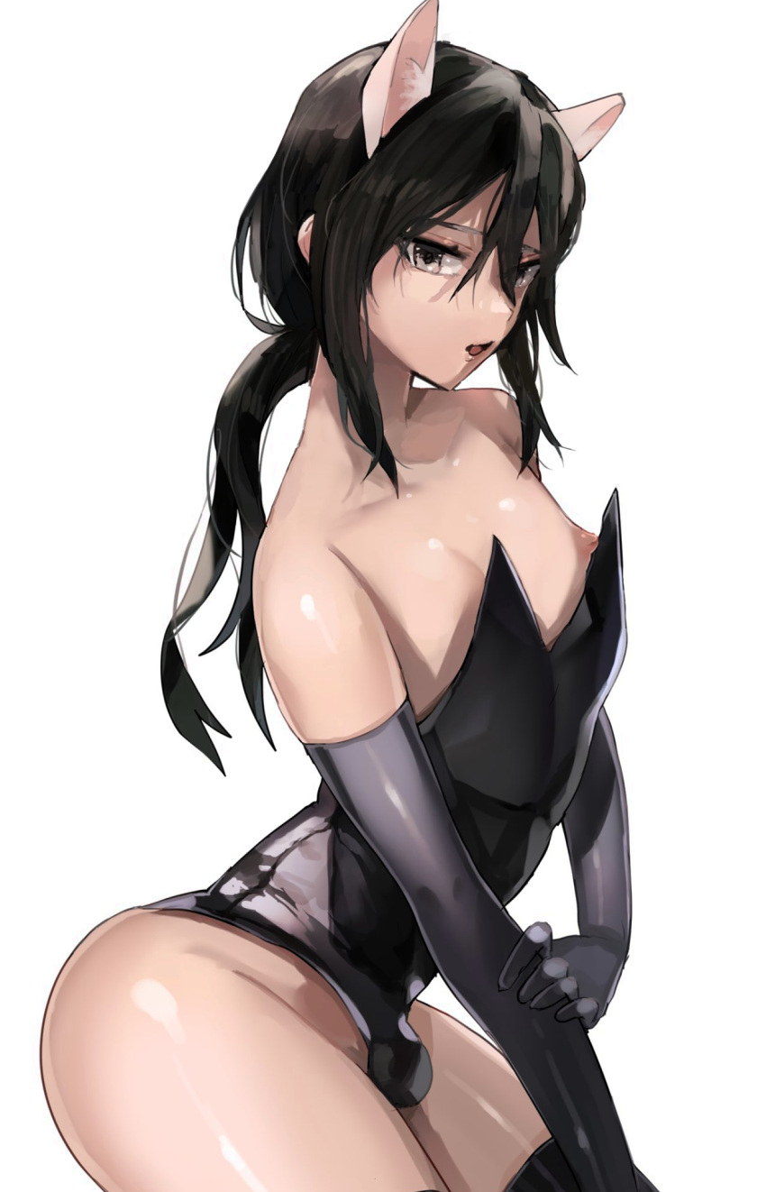 1boy 2021 animal_ears armwear balls_in_leotard bare_shoulders black_armwear black_hair black_leotard bulge crossdressing dark_hair eyebrows femboy girly hair_between_eyes leotard looking_at_viewer male male_only nipple_slip simple_background solo trap w_(1999_kyu) white_background