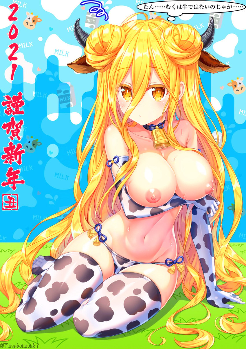 1girls bikini bikini_bottom blonde_hair blush breasts cow_print cow_print_bikini cow_print_gloves cow_print_thighhighs cowbell date_a_live double_bun elbow_gloves fake_animal_ears female gloves hair_bun highres hoshimiya_mukuro huge_breasts looking_at_viewer navel nipples solo swimsuit tagme thighhighs tsubasaki yellow_eyes yellow_hair