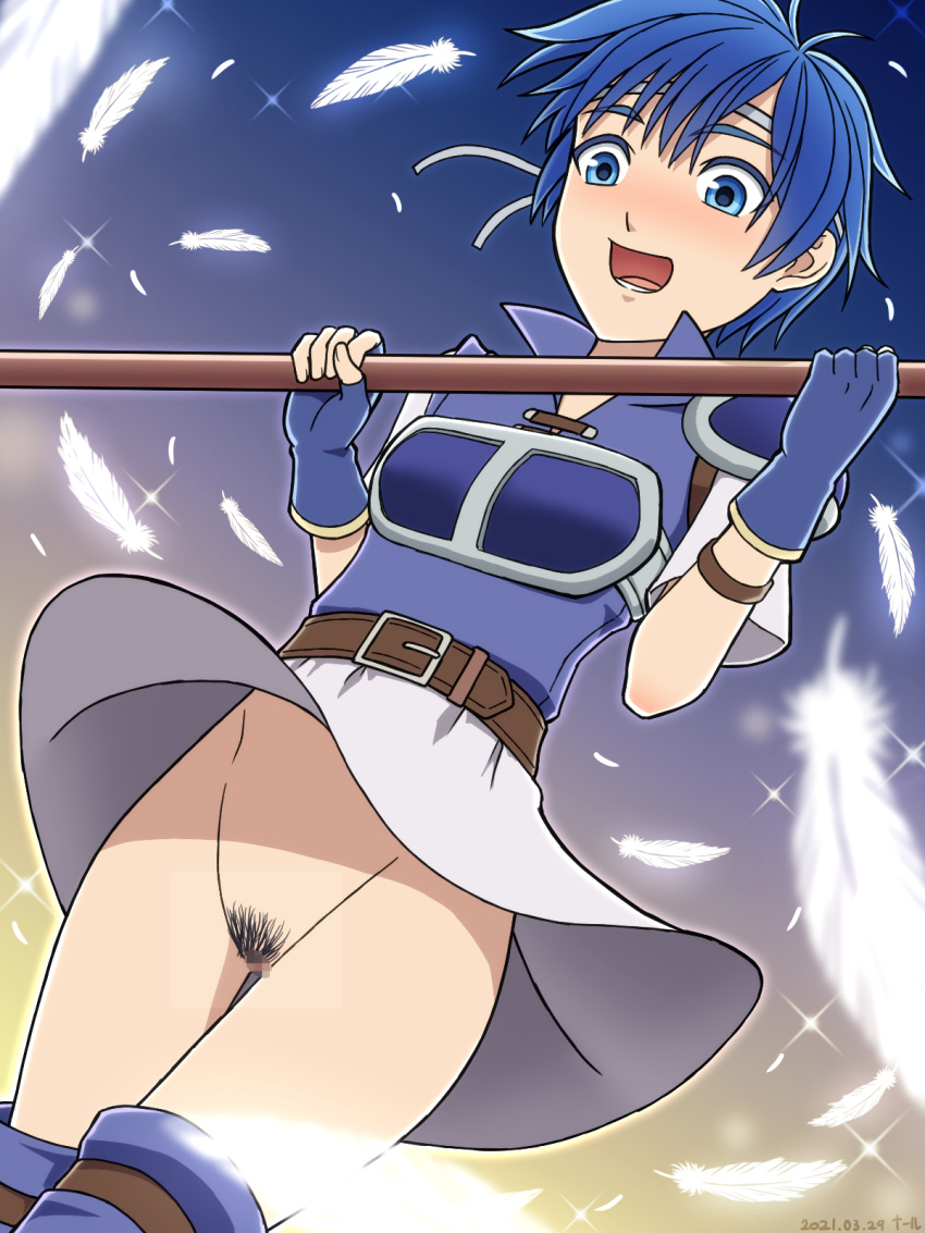 1girls bare_thighs blue_eyes blue_hair blush bottomless censored censored_pussy censored_vagina embarrassed female_pubic_hair fingerless_gloves fire_emblem fire_emblem:_the_binding_blade from_below gloves lance light_blush mosaic_censoring nalu_(artist) nintendo no_panties nopan open_mouth pubic_hair shanna_(fire_emblem) short_hair skirt_lift solo solo_female spear upskirt weapon wind wind_lift