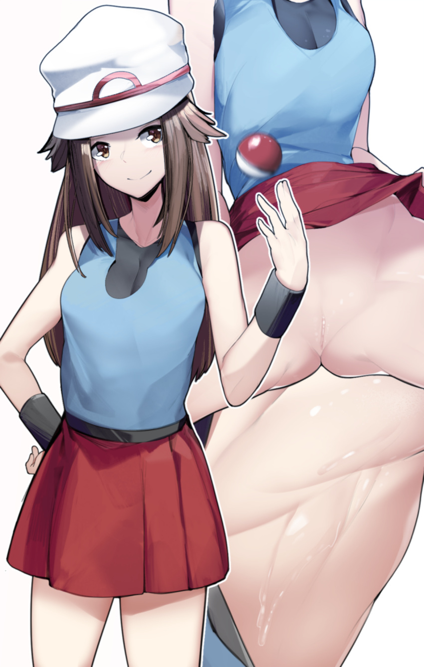 brown_eyes brown_hair hat leaf_(pokemon) pokemon pussy sha_(amfil100) skirt_lift smiling sweat tagme