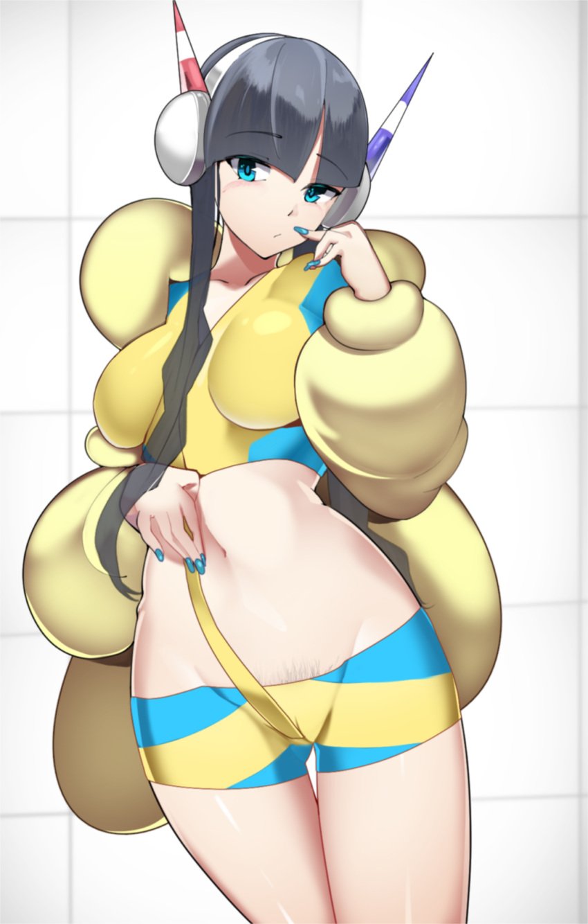 1girls abs alternate_breast_size belly black_hair blue_eyes blue_nails breasts cameltoe coat elesa_(pokemon) elesa_(pokemon_bw2) eye_contact female female_only gym_leader headphones highres human looking_at_viewer navel nintendo no_eyewear pokemon pokemon_bw2 pubic_hair_peek sha_(amfil100) solo thigh_gap wide_hips yellow_coat