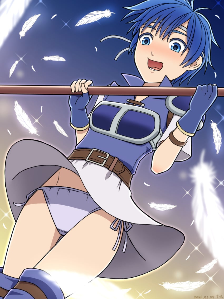 1girls bare_thighs blue_eyes blue_hair blue_panties blush fingerless_gloves fire_emblem fire_emblem:_the_binding_blade from_below gloves lance light_blush nalu_(artist) nintendo open_mouth panties pantyshot pantyshot_(standing) shanna_(fire_emblem) short_hair skirt_lift solo solo_female spear upskirt weapon wind wind_lift