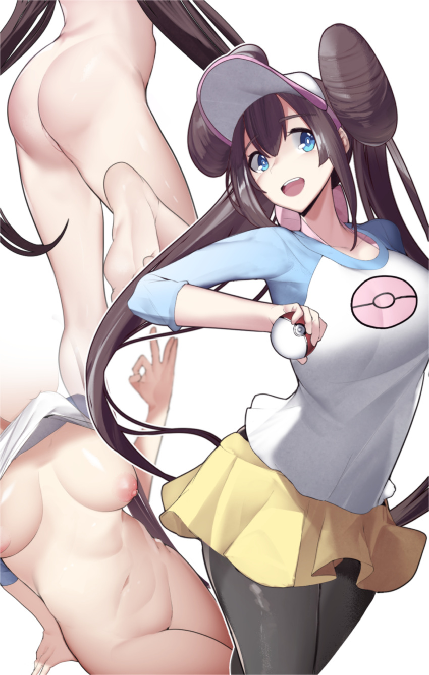 1girls areolae ass big_ass blue_eyes breasts brown_hair double_bun female hat holding_object holding_poke_ball long_hair nintendo nipples pale-skinned_female pale_skin pokemon pokemon_bw pokemon_bw2 rosa_(pokemon) sha_(amfil100) thighs twintails white_background