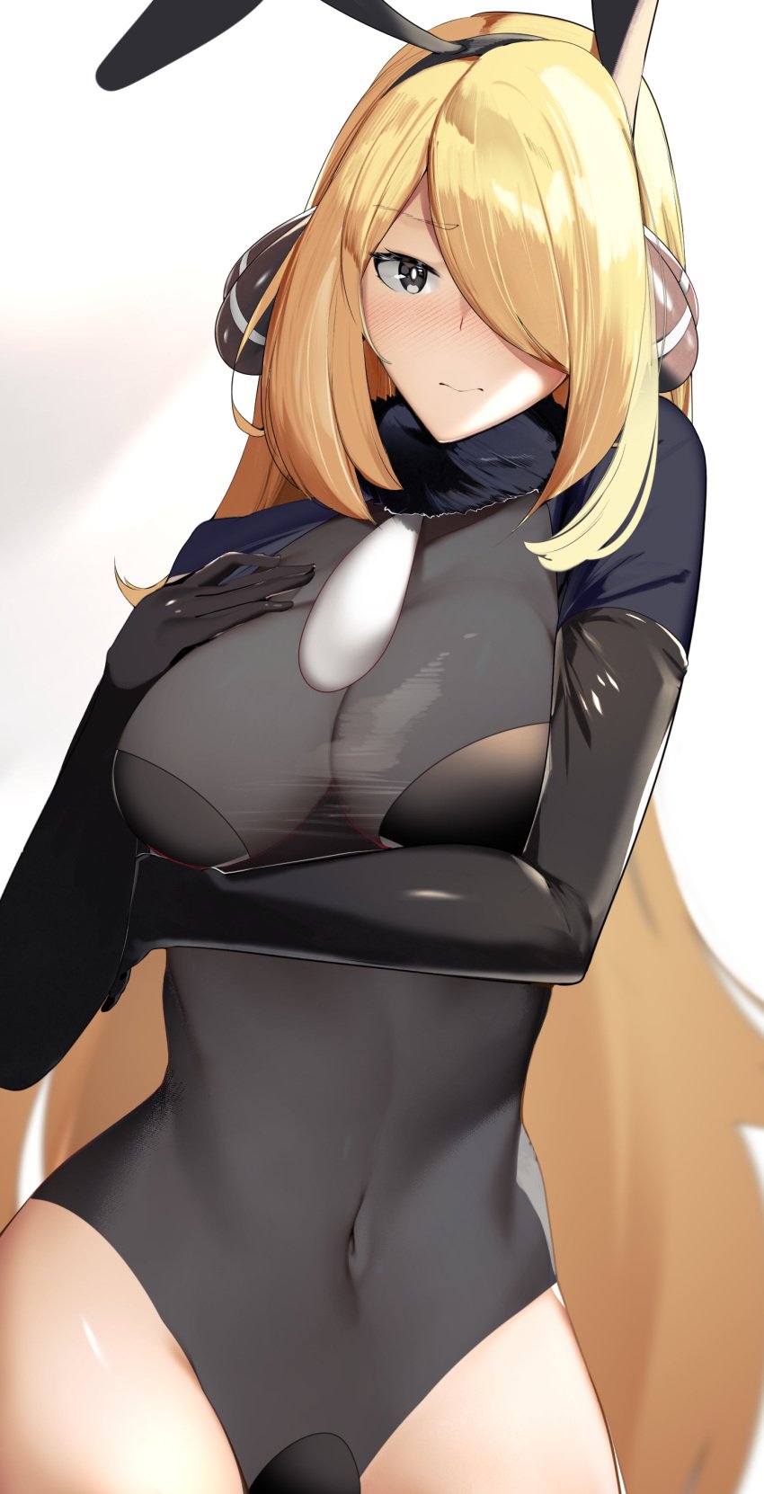 1girls blonde_hair breasts bunny_ears bunnysuit cynthia_(pokemon) dark_eyes game_freak hair_over_one_eye nintendo pokemon sha_(amfil100) solo solo_female stomach tagme thighs translucent_clothing