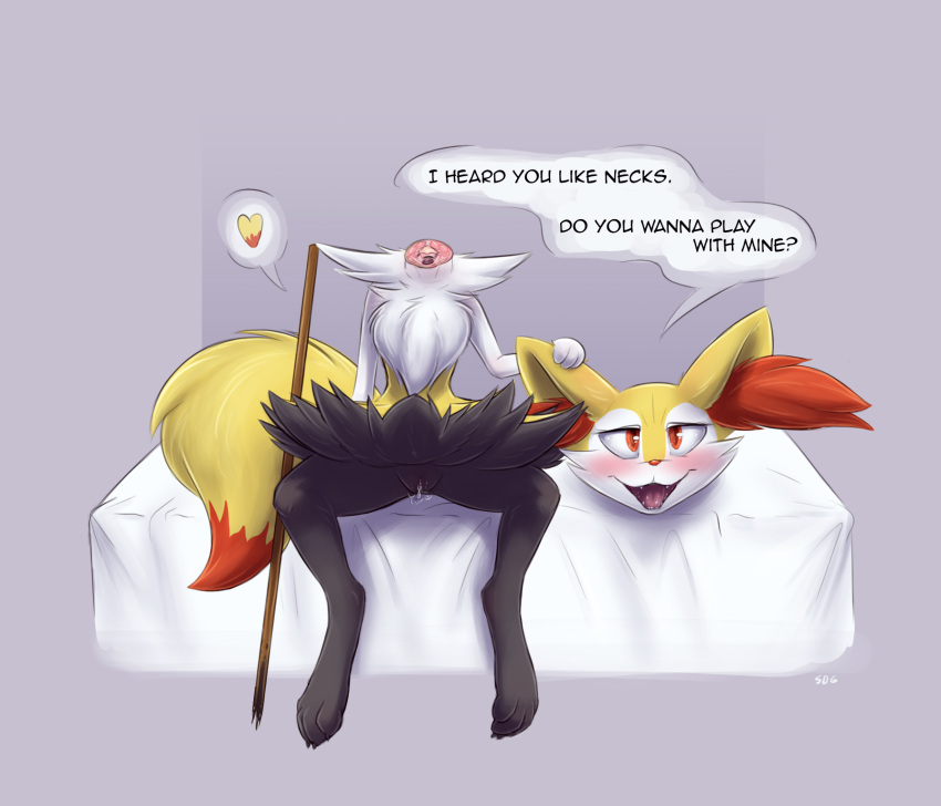 anthro bed bed_sheet bedding black_body black_fur blush bodily_fluids braixen canid canine decapitation detachable detachable_head english_text female fox fur furniture genital_fluids genitals gore hand_on_ear heart hi_res inner_ear_fluff looking_at_viewer mammal nintendo open_mouth pokémon_(species) pokemon pokemon_(species) pussy pussy_juice red_eyes simple_background sitting slowderpyguy solo speech_bubble spread_legs spreading staff text tuft video_games yellow_body yellow_fur