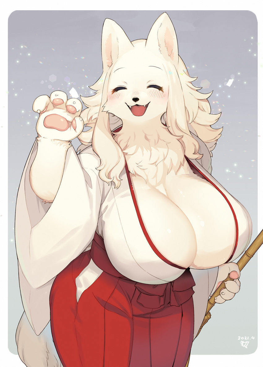 1girls animal_ears anthro big_breasts black_nose blush breasts canine cleavage closed_eyes clothed clothing female female_only fur furry furry_only greeting hakama happy hi_res japanese_clothes kishibe long_hair open_mouth pawpads paws solo solo_female white_fur white_hair