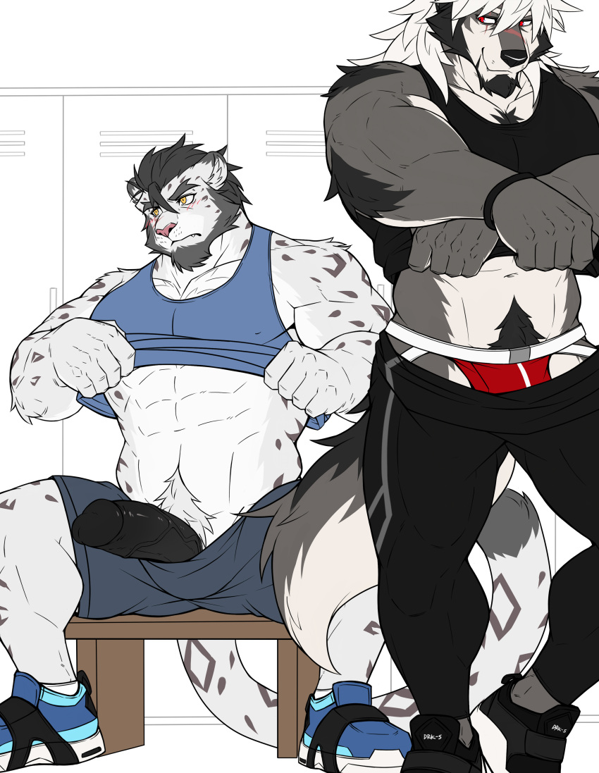 2boys abs absurd_res alvintanubis anthro body_hair canid clothed clothing drks drks_(drks) duo facial_hair felid footwear fur hair hi_res male male/male male_only mammal muscular muscular_anthro muscular_male pantherine pants_down partially_clothed red_underwear shoes snow_leopard sportswear sweatpants thong underwear yuntian