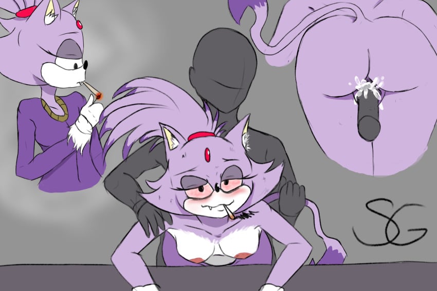 anon ass blaze_the_cat breasts cat_ears cat_tail cum cum_in_pussy doggy_style drugs ear_tuft faceless_male fangs feline from_behind fur grabbing_from_behind high human_on_anthro male_human/female_anthro male_on_anthro purple_fur red_eyes scribblygumbo small_breasts smoking sonic_(series) tail_grab tummy weed