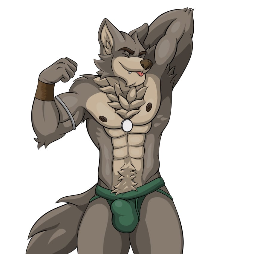 1:1 1boy abs amulet anthro armpit_tuft athletic athletic_anthro athletic_male blep body_hair brown_body brown_fur bulge canid canine canis cheek_tuft chest_tuft closed_eyes clothing facial_tuft fangs far_beyond_the_world_(series) flexing flexing_bicep fur genital_outline green_underwear hand_behind_head happy_trail hi_res jockstrap male male_only mammal multicolored_body multicolored_fur muscular muscular_anthro muscular_male nipples partially_clothed penis_outline quickk ranok_(far_beyond_the_world) sheath_outline solo tongue tongue_out topless topless_male tuft two_tone_body two_tone_fur underwear video_games visual_novel wolf