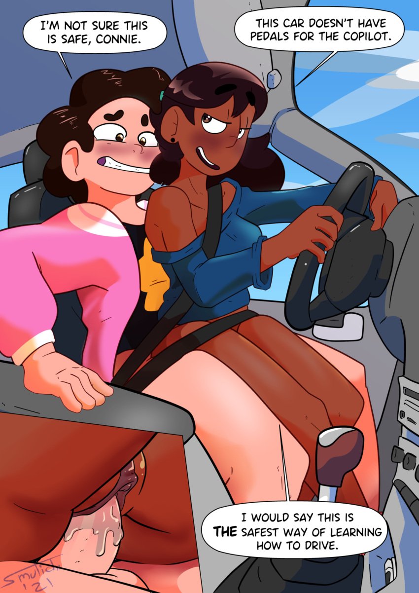 1boy 1boy1girl 1girls brown_hair clothed_sex connie_maheswaran cum cum_in_pussy cum_inside dark-skinned_female dark_skin driving female female_penetrated hesitant indian interracial interspecies male/female male_penetrating nervous no_pants partially_nude riding_penis sex sex_in_car shirt shirt_only steven_quartz_universe steven_universe steven_universe_future straight