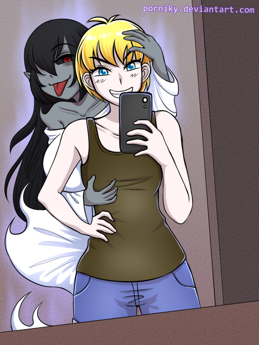 bedsheet_ghost breast_expansion breasts comic costume electronics female gender_transformation ghost halloween human original original_character phone photo_bomb picture porniky possession rule_63 url