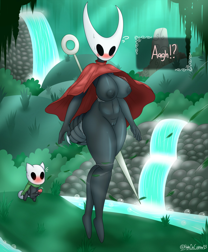 absurd_res arthropod big_breasts breasts cloak clothing duo exposed female hi_res highoncoffee hollow_knight hornet_(hollow_knight) male male/female team_cherry thick_thighs vessel_(species) video_games wind