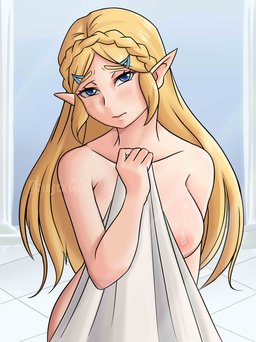 1girls absurdres blonde_hair blue_eyes blush braid breath_of_the_wild demigoddess embarrassed female french_braid hair_ornament hairclip highres hylian long_hair looking_at_viewer naked_sheet nintendo nipple nipple_slip nipples pillar pointy_ears princess princess_zelda royalty sidelocks solo the_legend_of_zelda towel towel_only zelda_(breath_of_the_wild) zingexgg