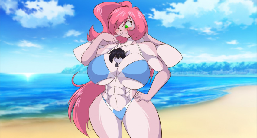 1boy 1girls anthro beach between_breasts bikini black_hair breasts cleavage fox fur furry green_eyes grey_fur huge_breasts lagomorph long_hair looking_down mastergodai miniboy muscular muscular_female pink_hair rabbit rascals reiko_usagi shaze swimsuit thick_thighs voluptuous vulpine wide_hips