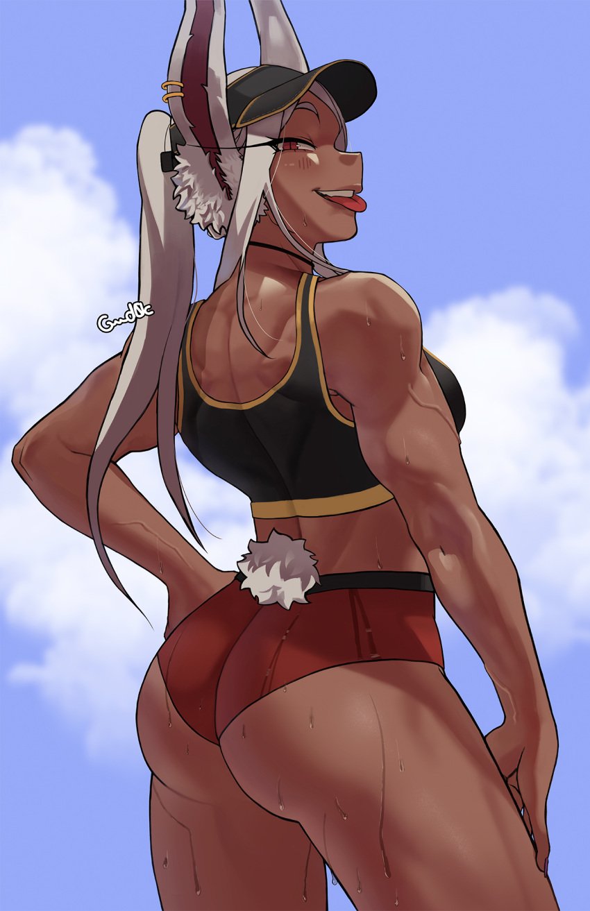 1girls artist_signature ass back_muscles back_view bunny_tail cloud dark-skinned_female dark_skin exercise_clothing female gud0c hat hi_res looking_at_viewer looking_back miruko muscular muscular_female my_hero_academia rabbit_ears red_eyes rumi_usagiyama smile solo sports_bra sun_visor sweat tank_top toned toned_female tongue tongue_out white_hair