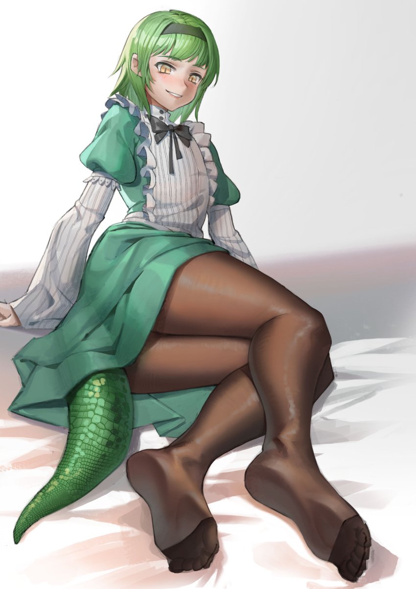 1boy arm_support bed_sheet bill_(black_souls) black_bow black_legwear black_pantyhose black_souls black_souls_2 blush bow crossdressing dress feet femboy frilled_dress frills girly green_dress green_hair green_tail legwear long_sleeves looking_down lying lying_on_side male male_only no_shoes pantyhose simple_background sintrybest_(artist) smile smiling soles solo tail thick_thighs thighs toes trap yellow_eyes