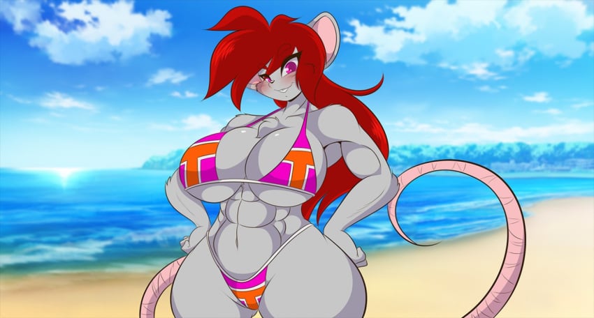 1girls anthro beach bikini breasts cleavage furry grey_fur hands_on_hips huge_breasts looking_at_viewer mastergodai mouse muscular muscular_female purple_eyes rascals red_hair rodent ruby_fields smile smiling solo swimsuit thick_thighs voluptuous wide_hips