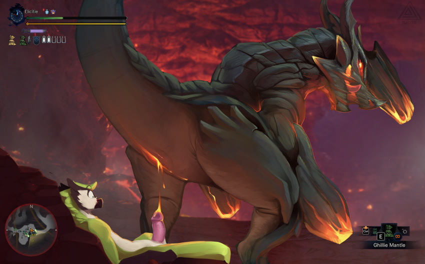 absurd_res anthro anthro_on_feral avian biped bird bodily_fluids brachydios brute_wyvern capcom colored digital_media_(artwork) duo elicitie ellie_(elicitie) erection feathers female female_on_anthro feral gameplay_mechanics genital_fluids genitals health_bar hi_res horn imminent_sex interspecies larger_female larger_feral light lighting looking_at_another looking_at_genitalia looking_at_penis looking_at_self looking_back lying male male/female male_on_feral monster_hunter nude on_back penis presenting pussy pussy_juice raging_brachydios red_eyes scales scalie shaded size_difference smaller_anthro smaller_male standing video_games wide_eyed zoophilia